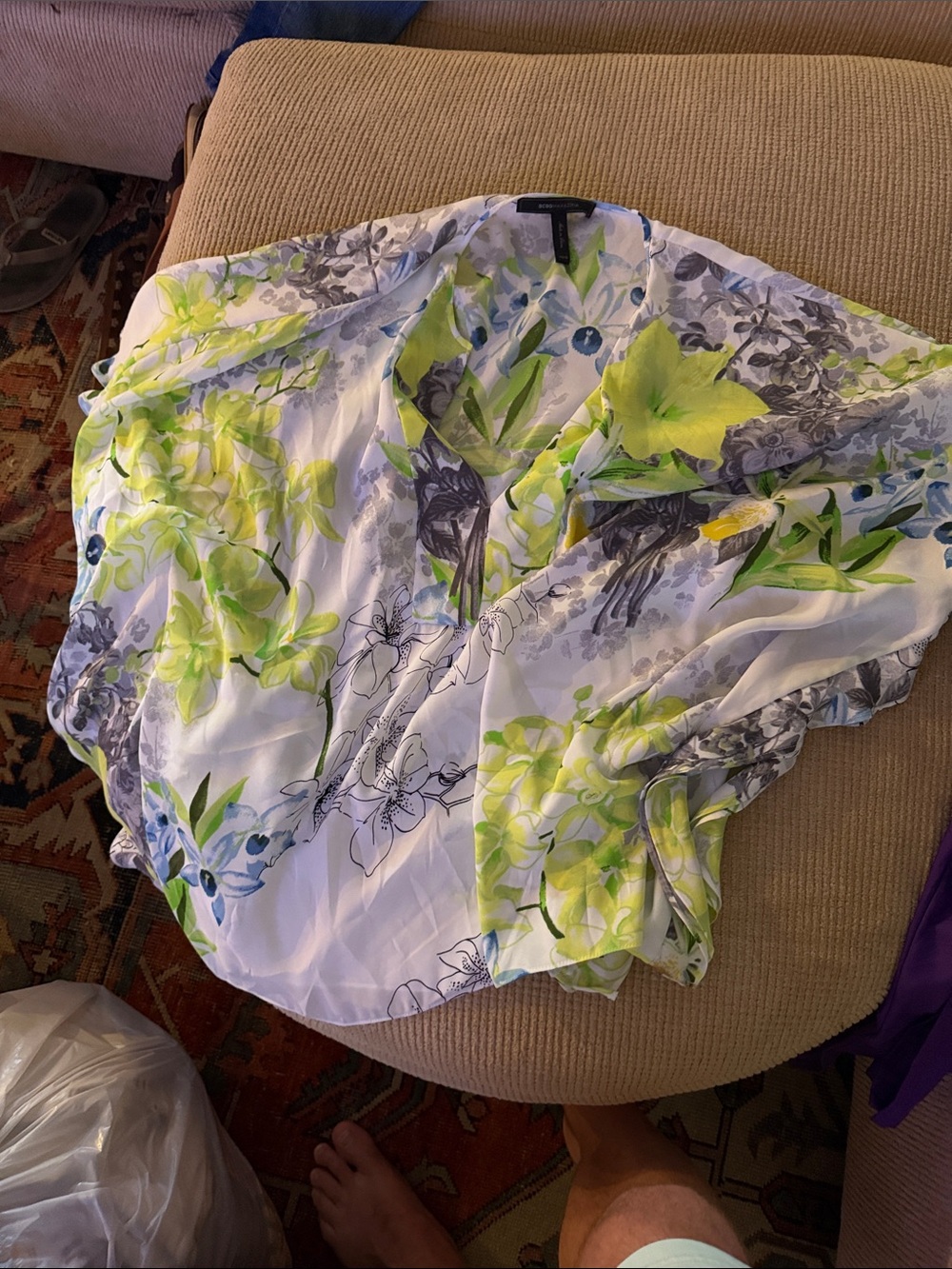 BCBGMaxAzria White Floral V-Neck Blouse with Lime & Gray Accents